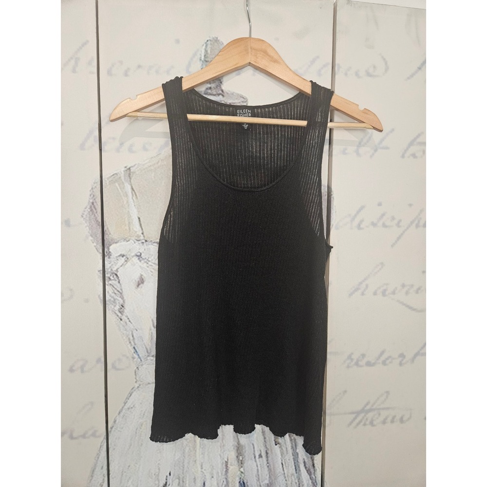 Eileen Fisher Black Linen Blend Ribbed Knit Tank Top Sleeveless Size M